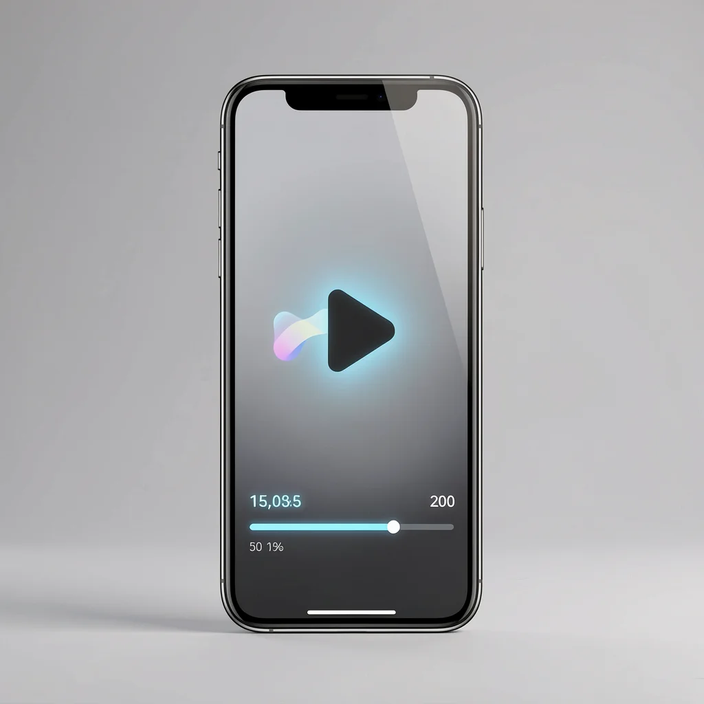 Smartphone exibindo interface de player de vídeo minimalista com barras de engajamento abstratas