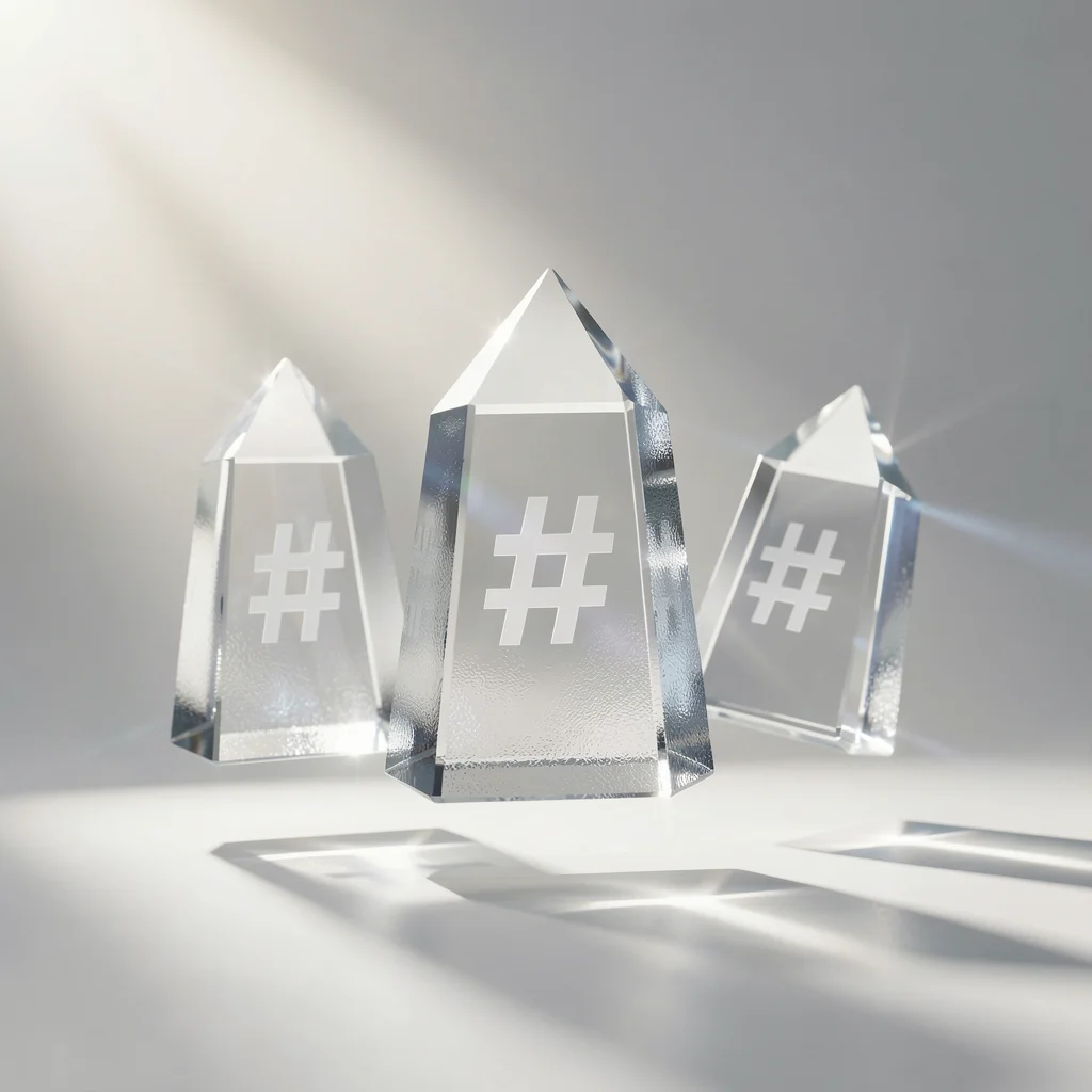 Três prismas de vidro translúcido com símbolos de hashtag abstratos flutuando em um fundo iluminado