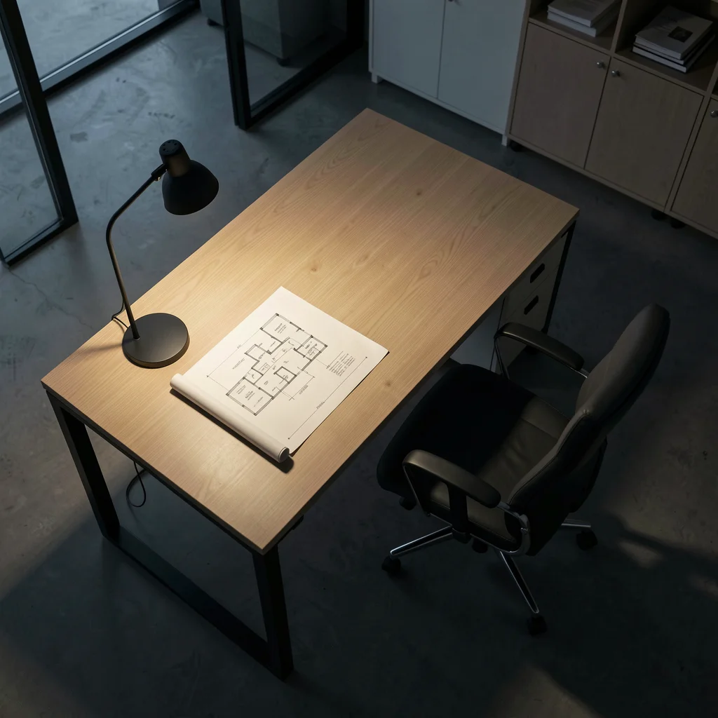Mesa de escritório minimalista com projeto complexo iluminado, simbolizando tomada de decisão estratégica.