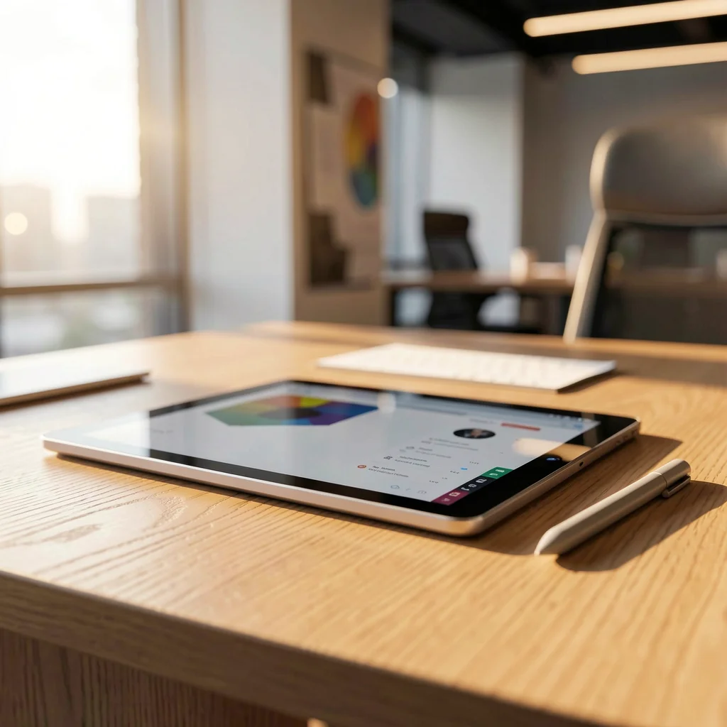 Mesa de escritório moderna com tablet e caneta stylus em um ambiente de trabalho profissional e organizado.
