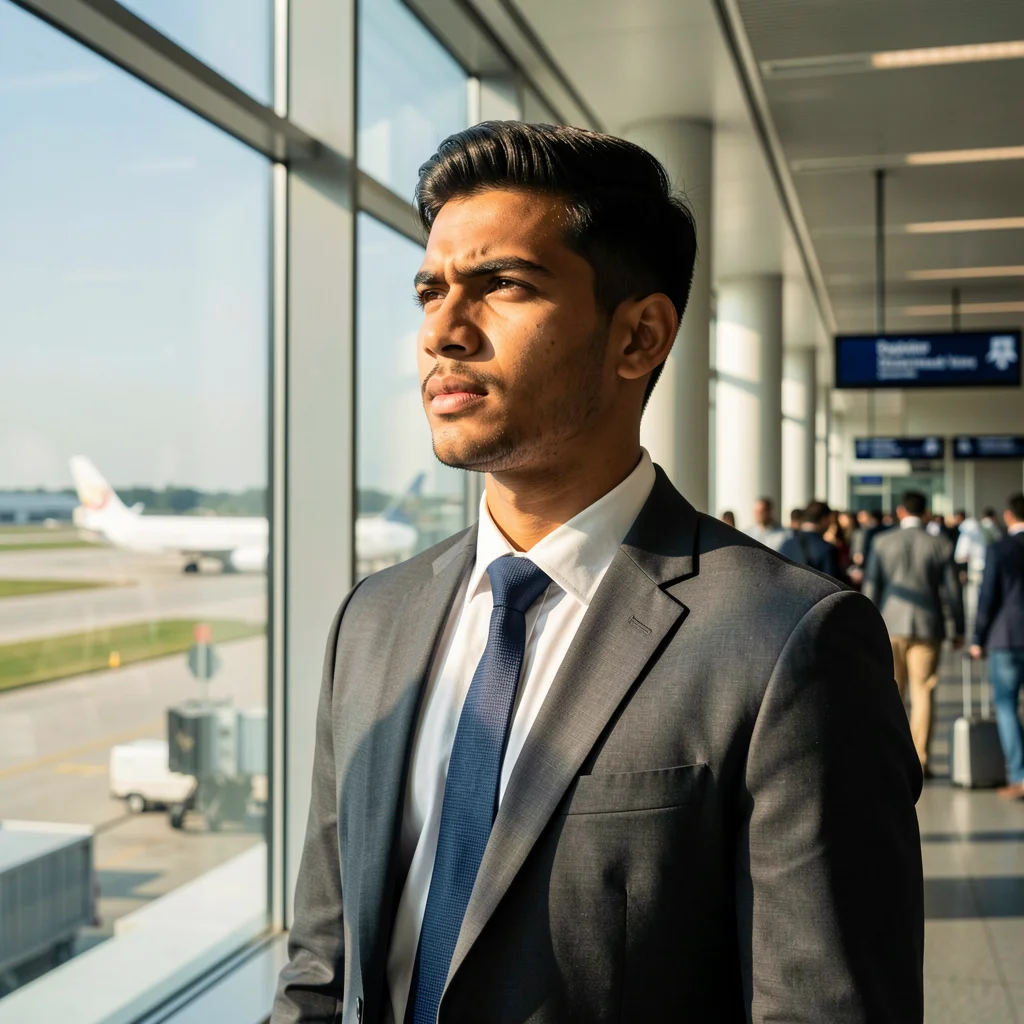 Profissional jovem e confiante em um aeroporto moderno olhando para o horizonte, representando a experiência de intercâmbio.
