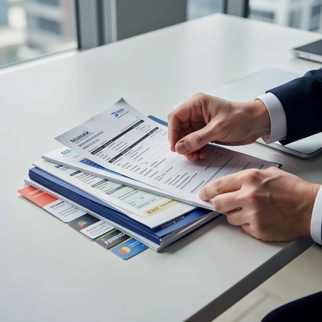 Documentos financeiros diversos sendo organizados em uma mesa moderna para comprovação de renda.