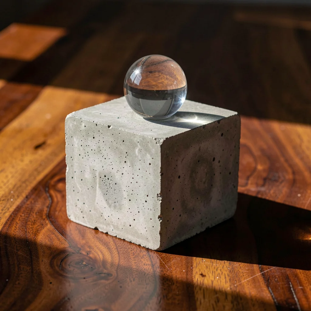 Cubo de concreto e esfera de vidro sobre madeira, representando o equilíbrio entre construção e natureza.