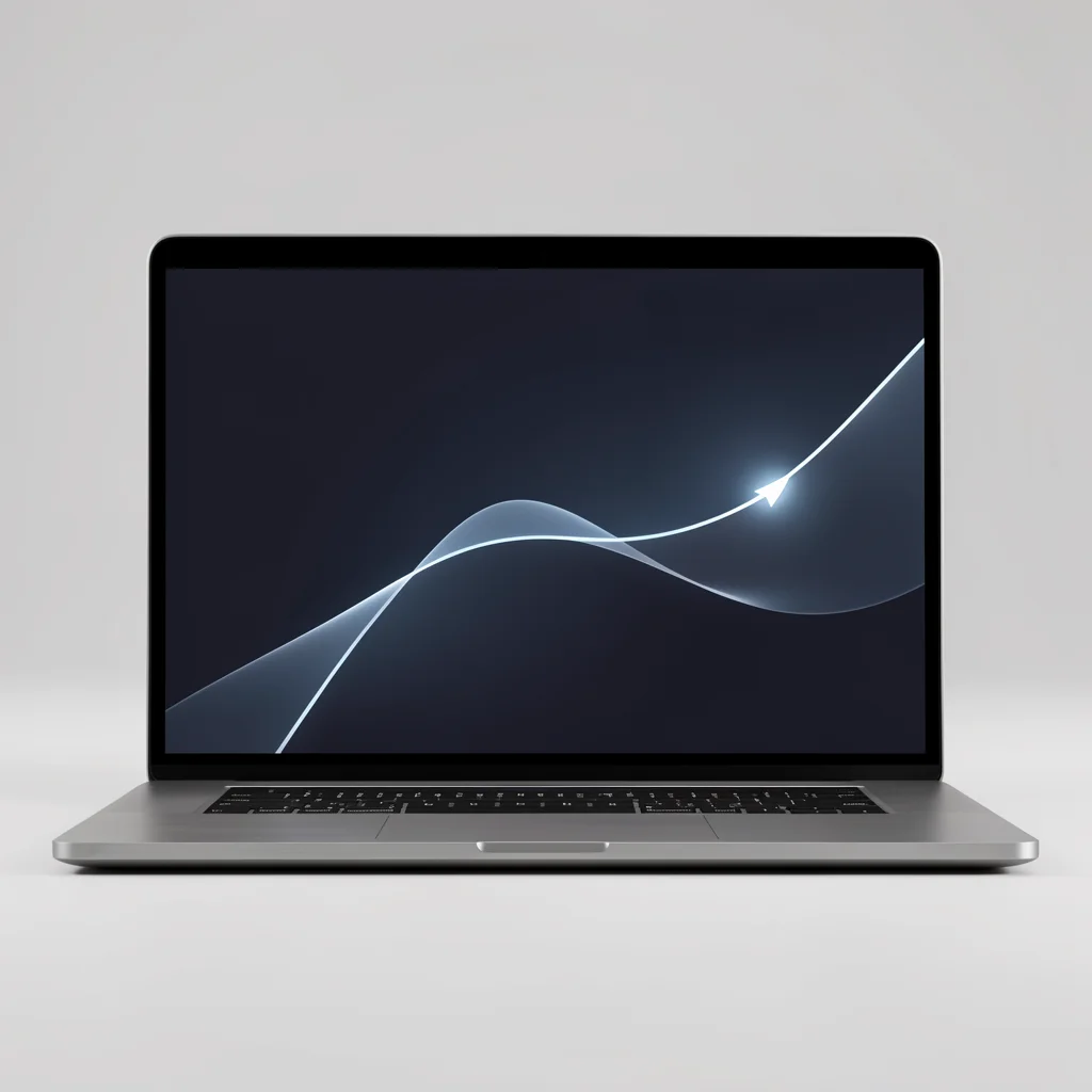 Mockup minimalista de laptop com gráfico abstrato de precificação em tela limpa, iluminação suave de estúdio.