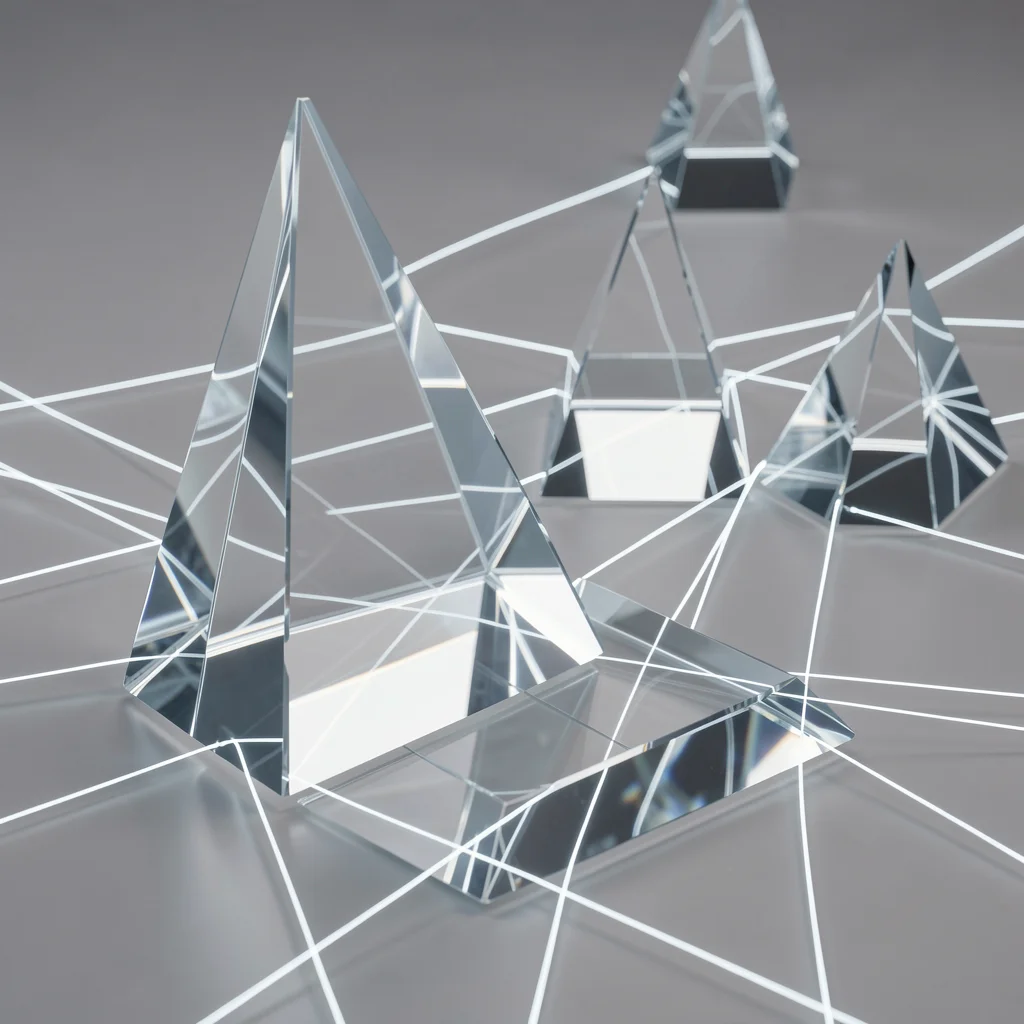 Composição abstrata com prismas de vidro translúcidos e linhas luminosas representando rede de clientes.