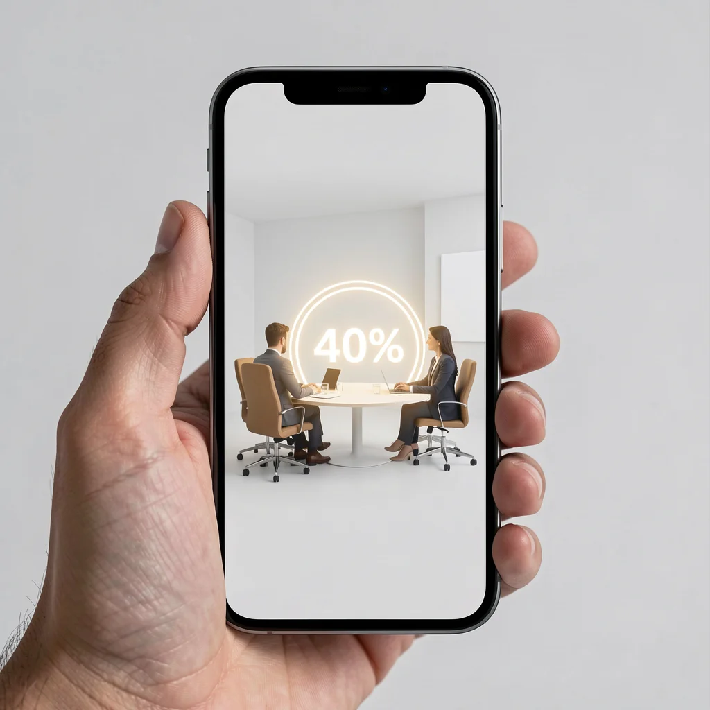 Close de smartphone com tela abstrata de consultoria e indicador visual de aumento de 40%.