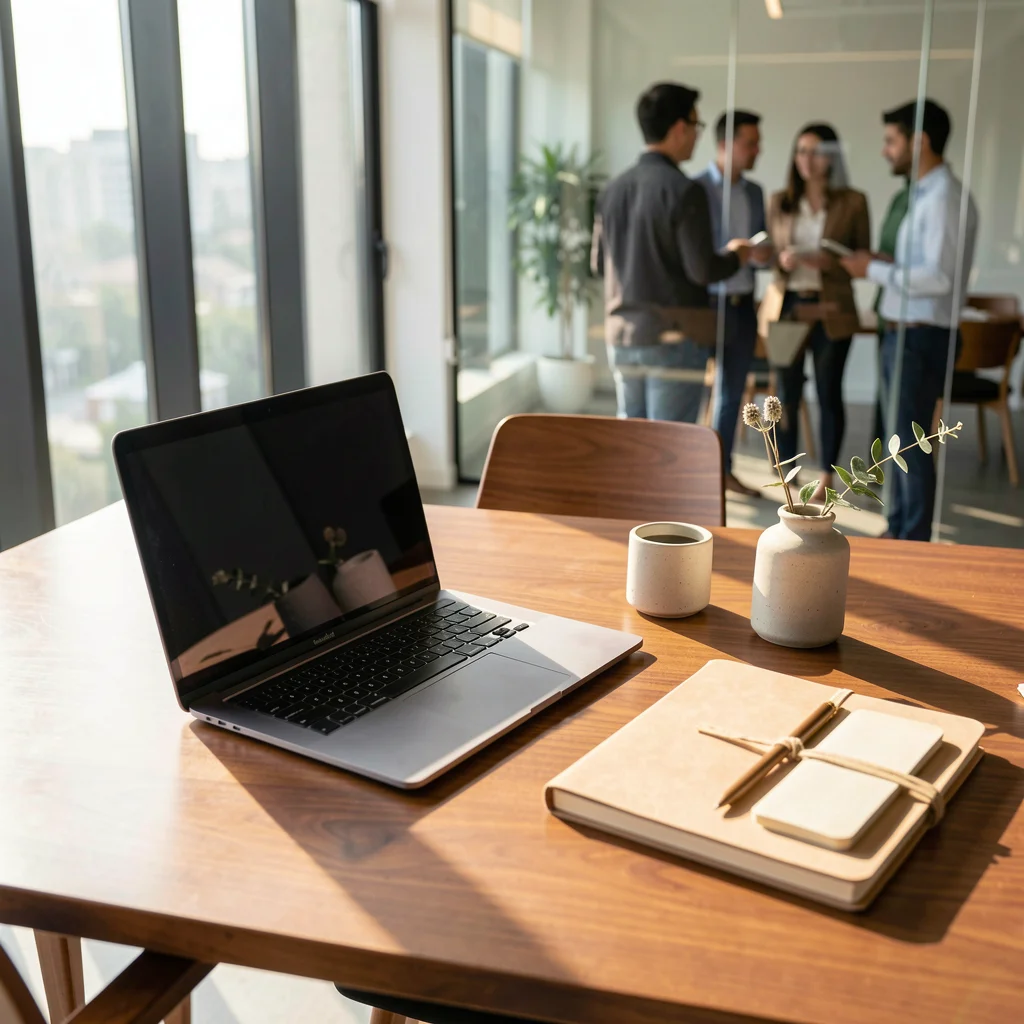 Mesa de trabalho moderna com itens minimalistas e luz natural, representando empreendedorismo e baixo investimento.