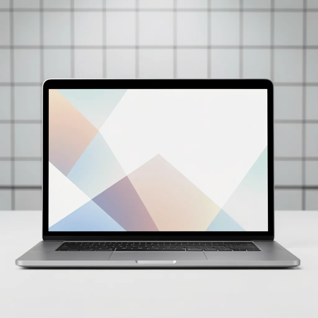 Mockup de site de portfólio em laptop prateado com formas geométricas abstratas em fundo neutro