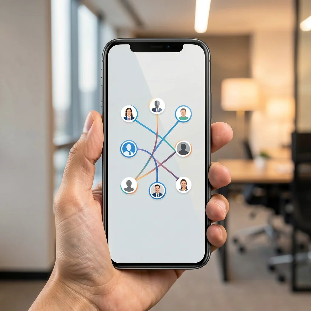 Mão segurando smartphone com tela de rede social mostrando conexões abstratas em fundo de escritório