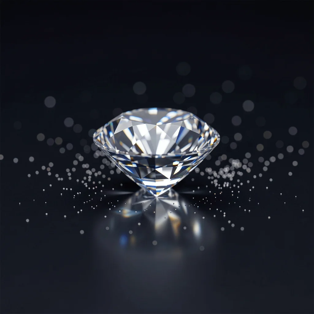 Diamante brilhante sobre superfície escura com reflexos suaves ao redor