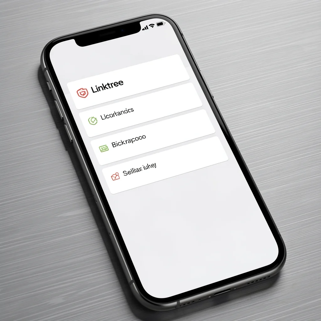 Smartphone com tela do Linktree organizada em seções e links priorizados