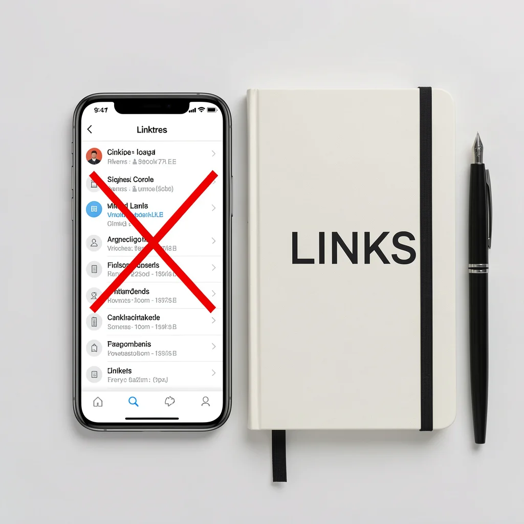 Smartphone com Linktree exibindo coleção genérica 
