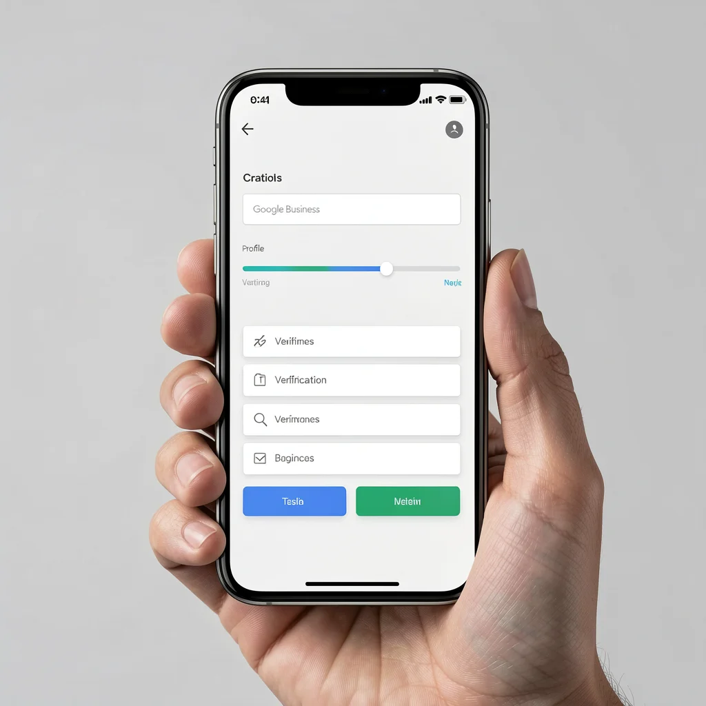 Mão segurando smartphone com tela de criação de perfil do Google Meu Negócio, com barra de progresso e etapas de verificação