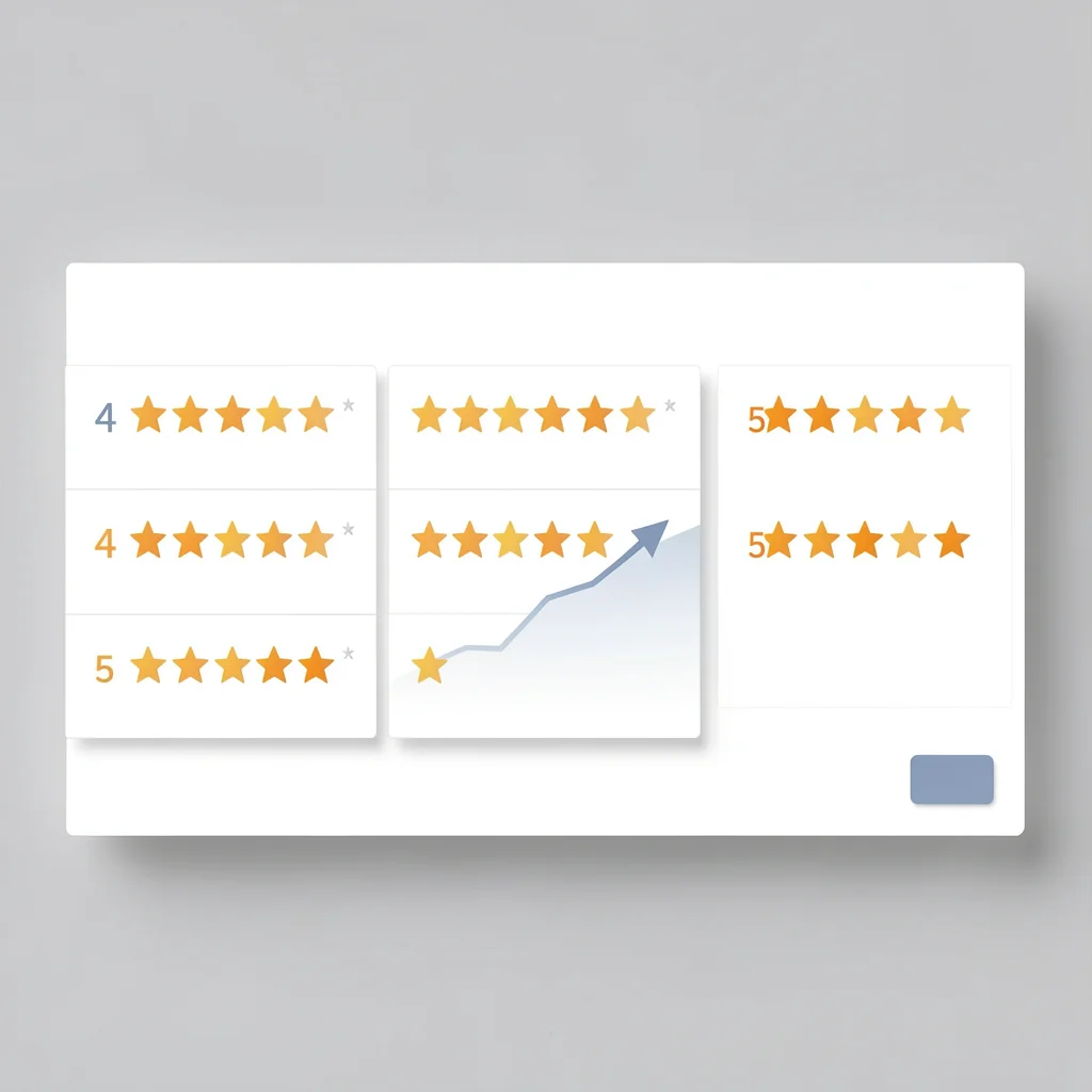 Dashboard minimalista com distribuição de avaliações por estrelas e linha de tendência ascendente
