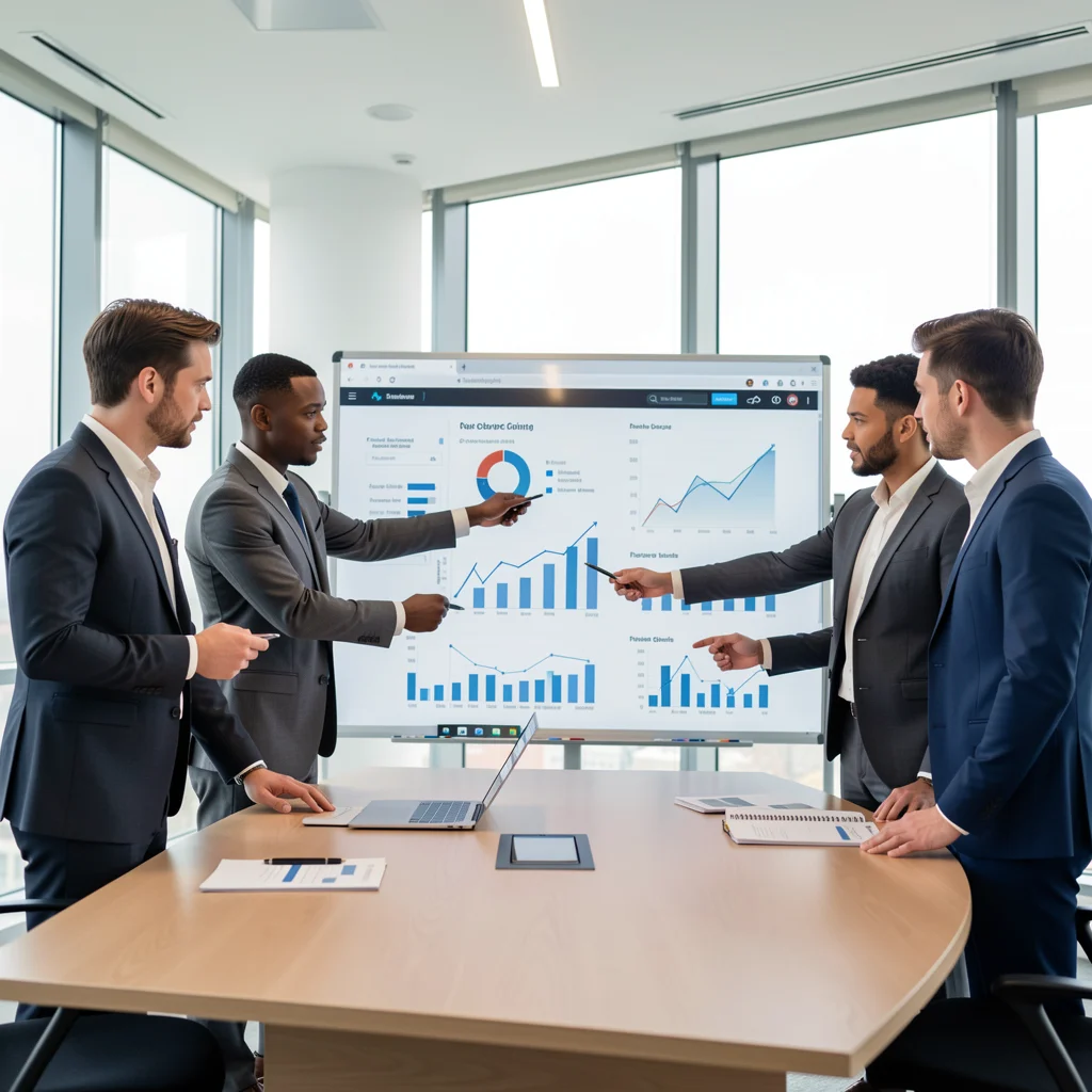 Equipe colaborando em estratégia de outbound com dados em quadro digital