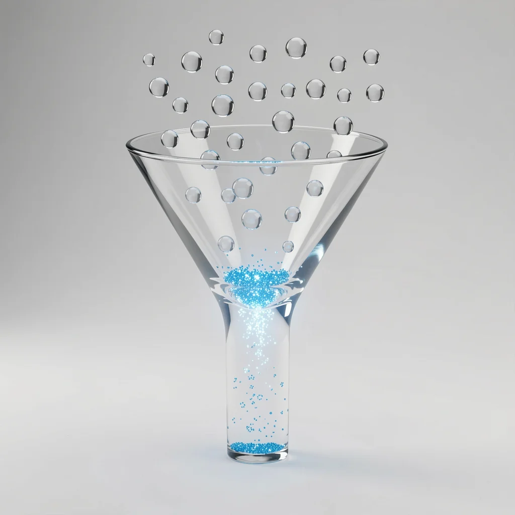 Funil de vidro com partículas azuis brilhantes na base e esferas transparentes no topo, representando intenção de busca