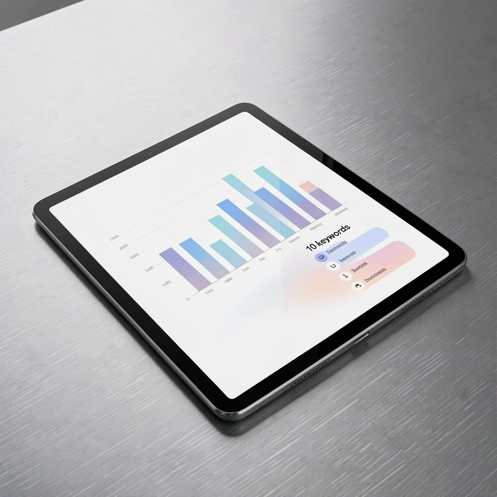 Mockup de tablet sobre mesa de alumínio escovado mostrando dashboard com gráficos abstratos e lista de palavras-chave