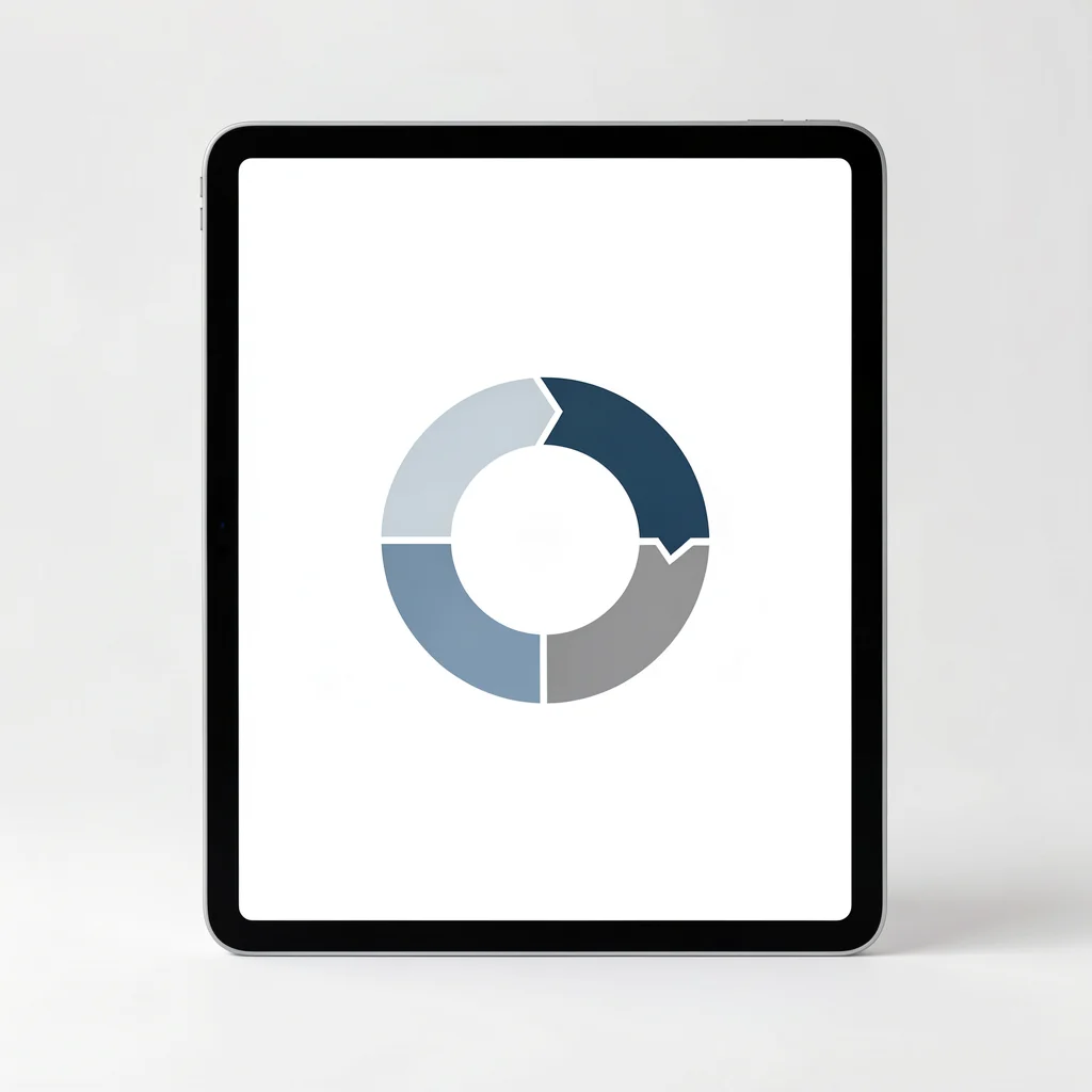 Interface minimalista de aplicativo mostrando ciclo PDCA em quatro etapas abstratas em tablet