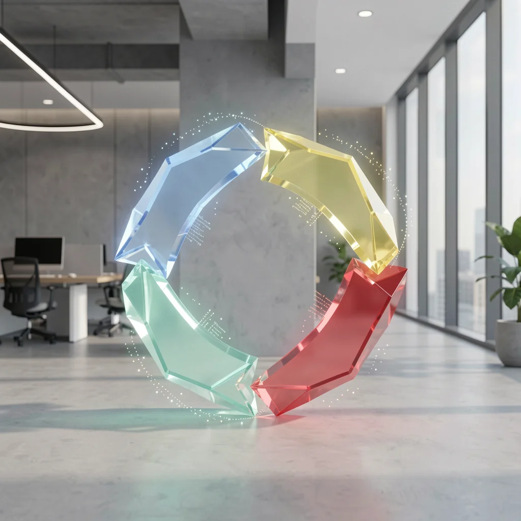 Ciclo PDCA representado por quatro prismas de vidro coloridos interligados em círculo, com partículas de dados fluindo entre eles, em estilo corporativo elegante.