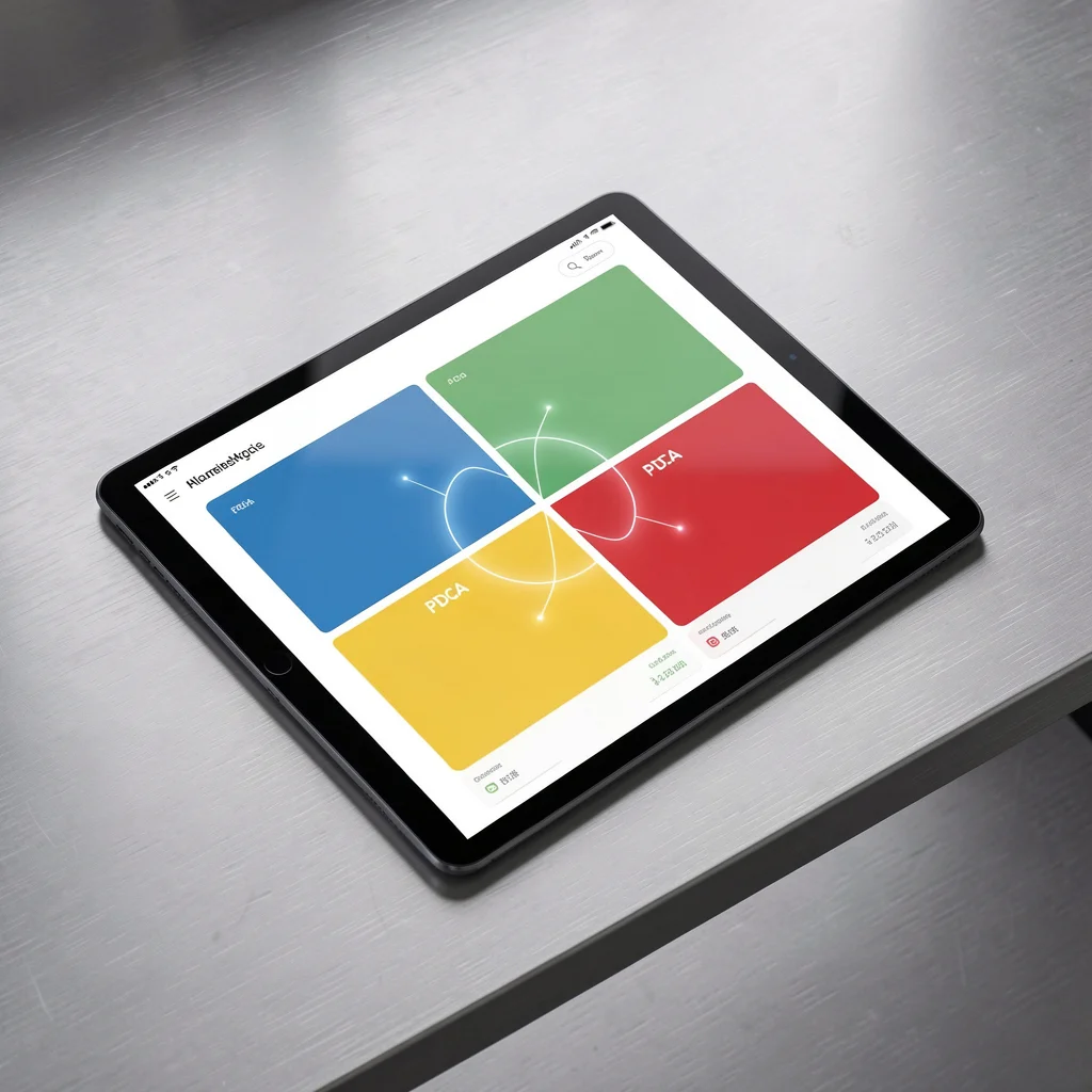 Tablet sobre mesa de metal com interface gráfica abstrata mostrando quatro quadrantes coloridos do ciclo PDCA.