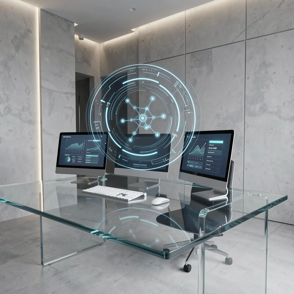Interface holográfica circular flutuando sobre uma mesa de vidro, representando a evolução tecnológica do ciclo PDCA.