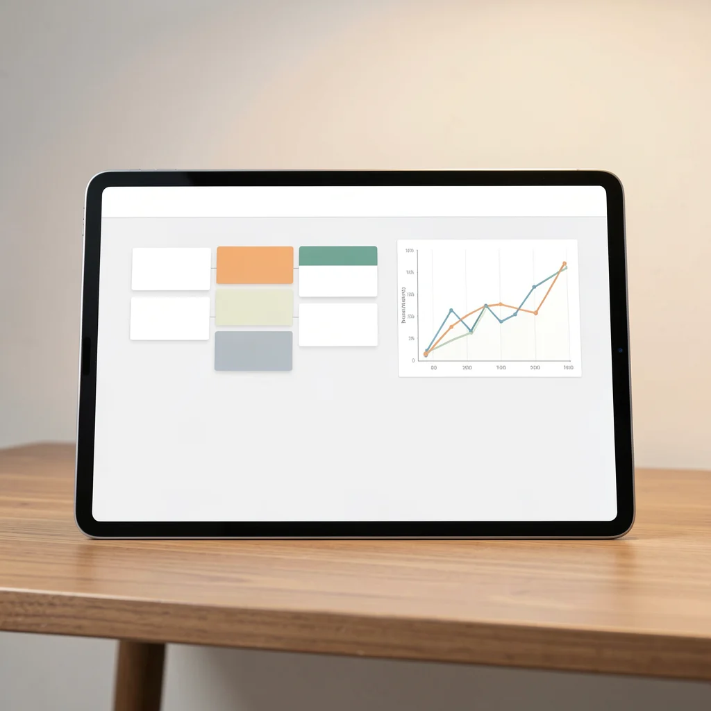 Tablet com interface de software de gerenciamento de projetos, exibindo um quadro Kanban abstrato e um gráfico de linhas simples.