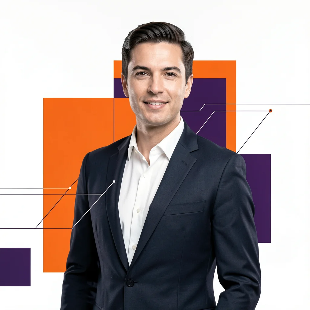 Retrato corporativo de um profissional com elementos gráficos abstratos em laranja e roxo sobre fundo branco.