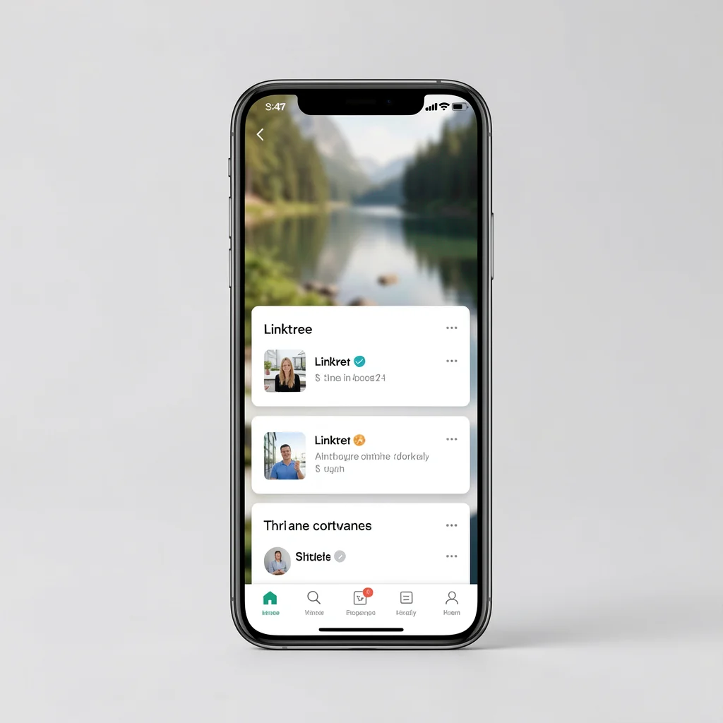 Smartphone exibindo interface do Linktree com fundo de imagem personalizada e desfocada