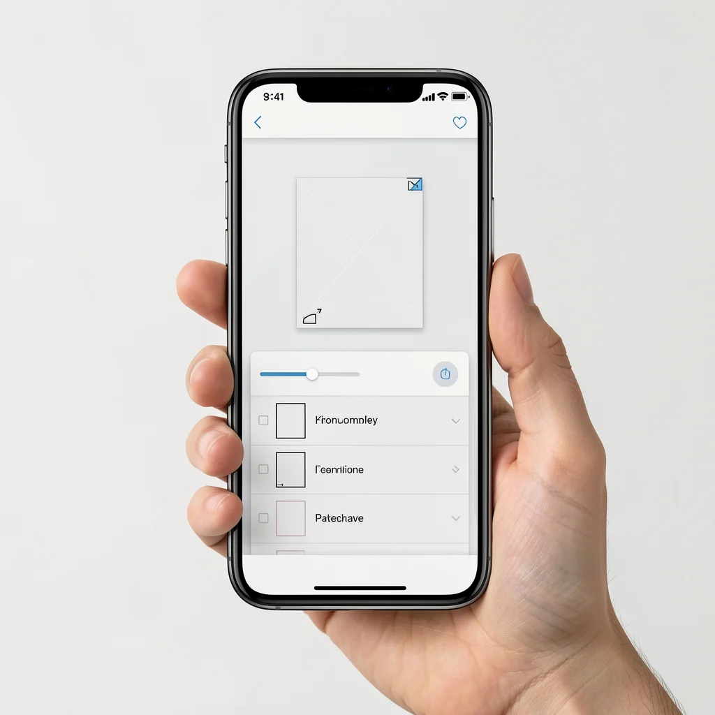 Smartphone com tela de edição de fotos mostrando camadas e máscaras, mão segurando o aparelho