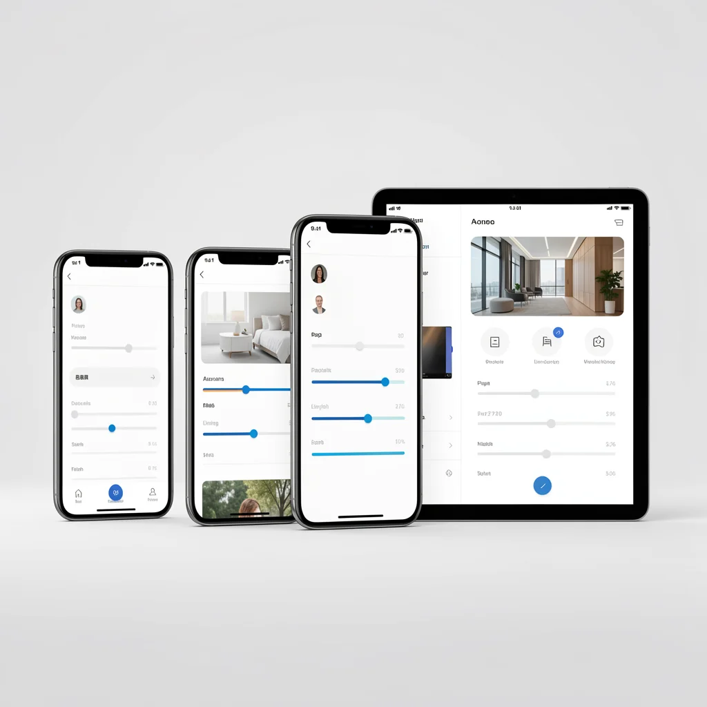 Três dispositivos eletrônicos modernos, como smartphones e tablet, exibindo interfaces de edição de fotos abstratas, em uma composição limpa e profissional.