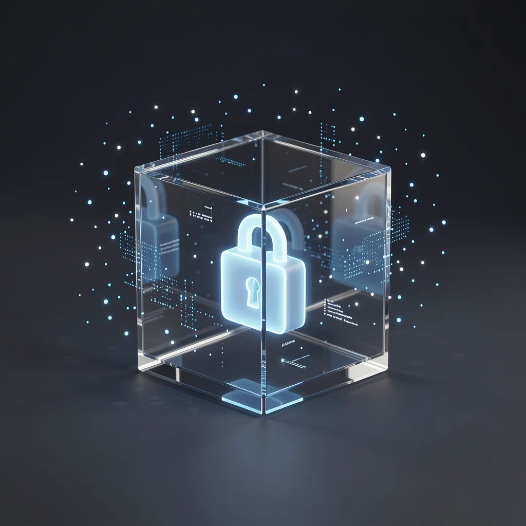 Cubo de vidro transparente com um ícone de cadeado brilhante no interior, cercado por partículas de dados digitais, representando segurança e privacidade.