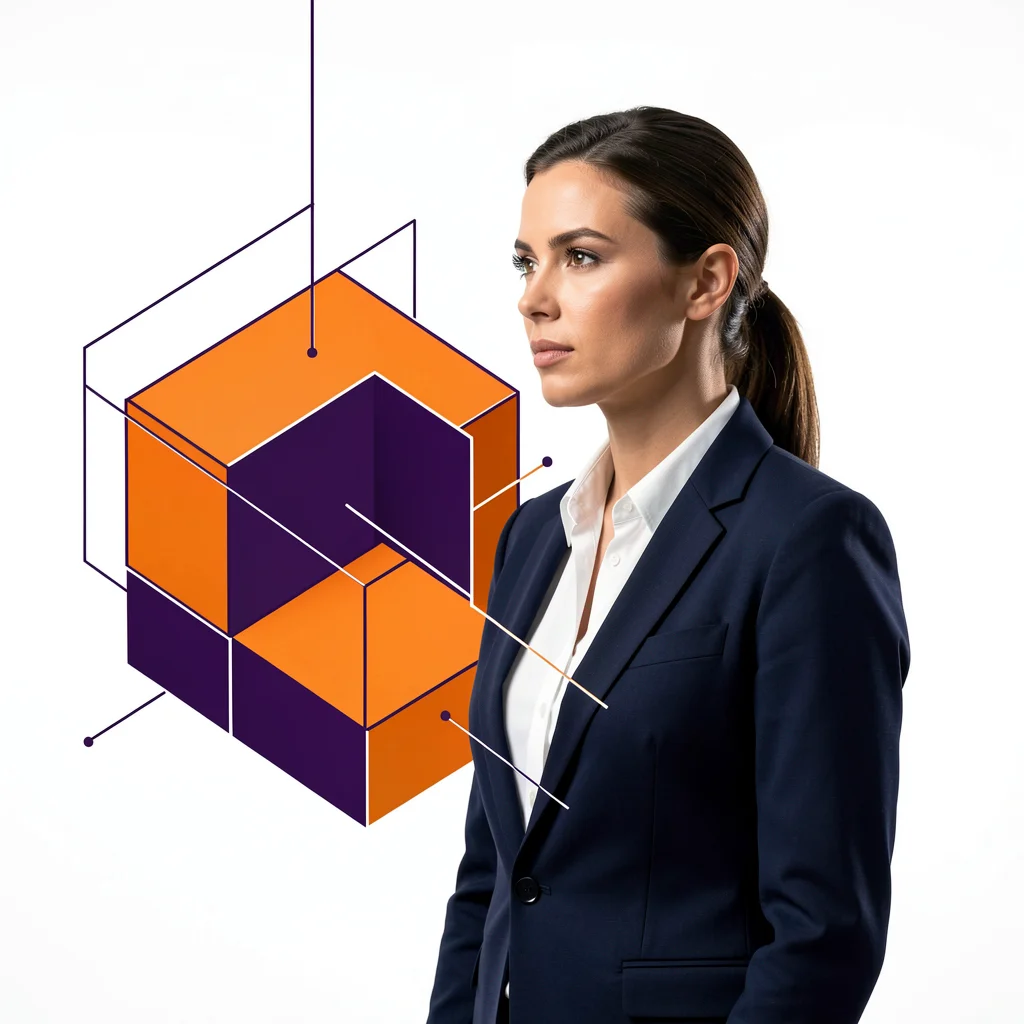 Profissional corporativo observando formas geométricas abstratas em um design editorial moderno com tons de laranja e roxo.