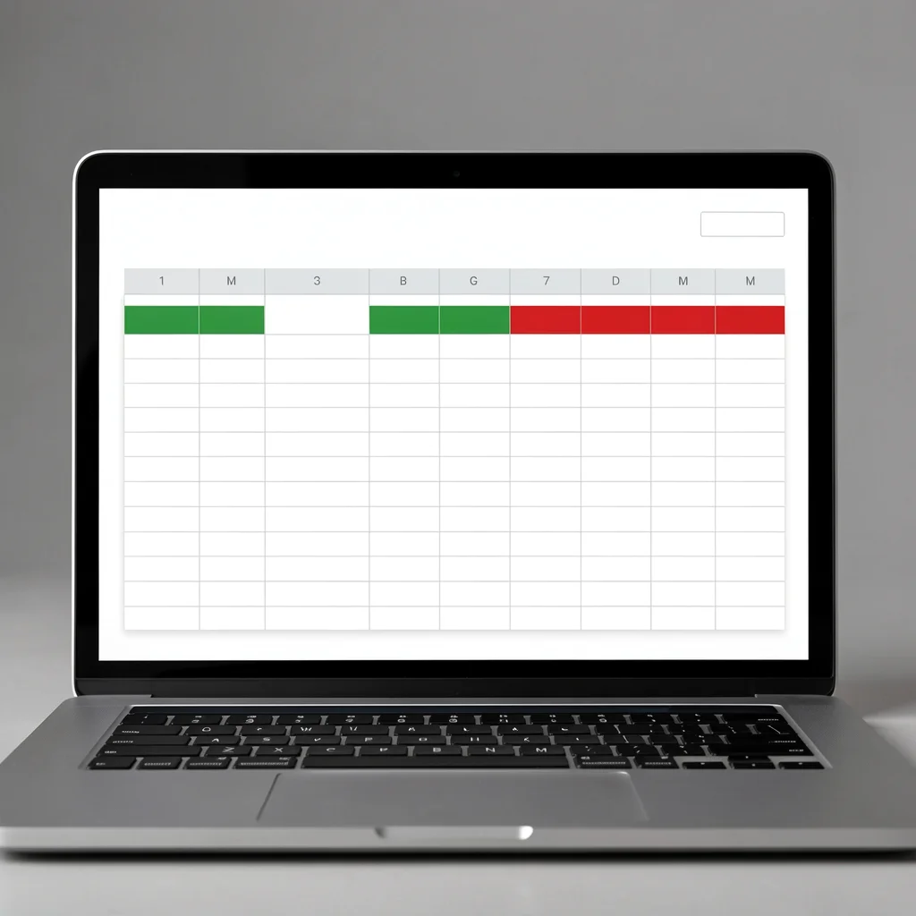 Captura de tela de laptop exibindo uma planilha financeira minimalista com categorias de receitas e despesas coloridas