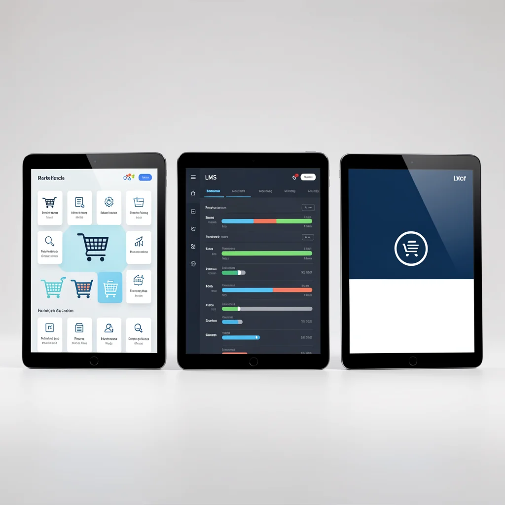 Três tablets exibindo interfaces abstratas de marketplace, LMS e plataforma própria, em estilo editorial corporativo.