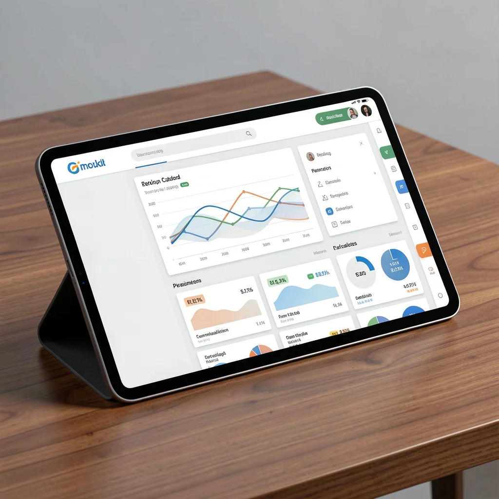 Tablet moderno sobre mesa de madeira exibindo dashboard de e-commerce B2B com gráficos abstratos e catálogo personalizado