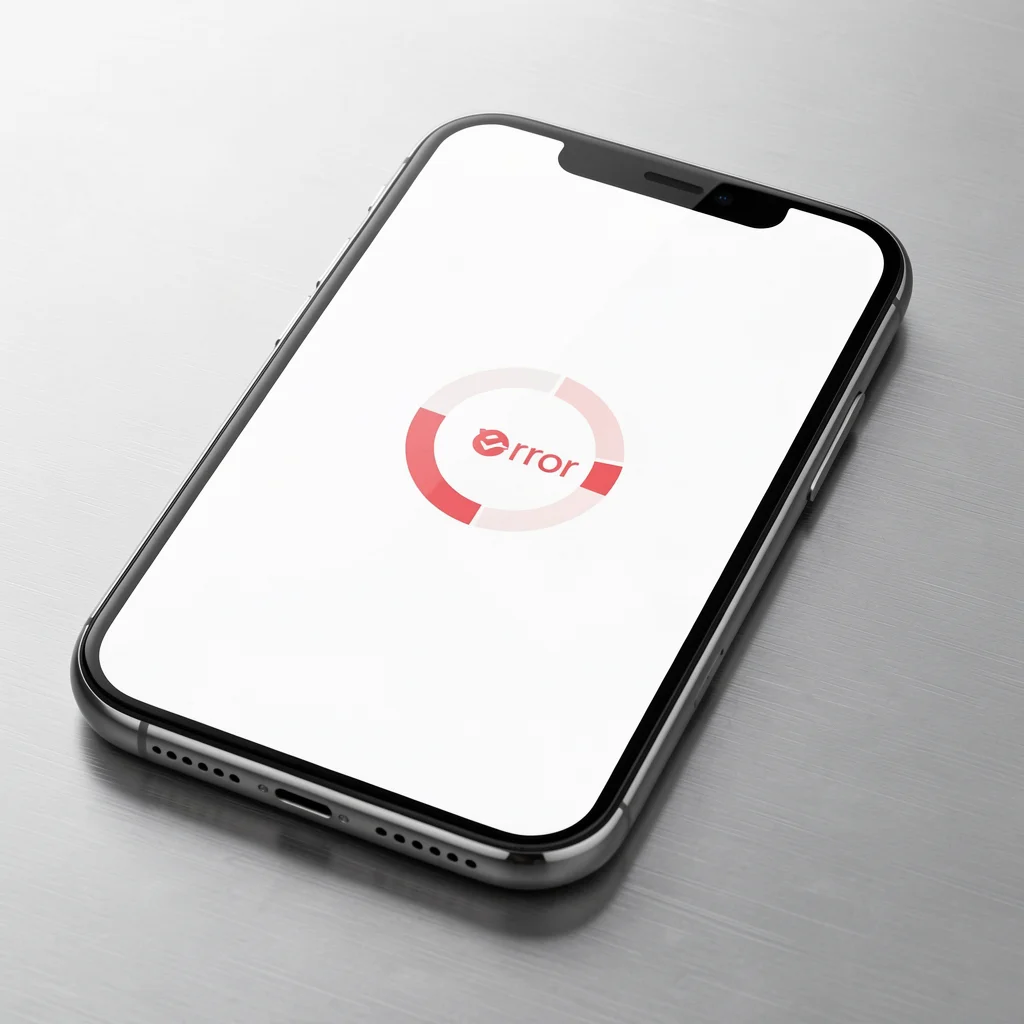 Smartphone sobre superfície de alumínio exibindo spinner de carregamento com ícone de erro