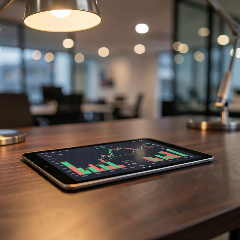Tablet sobre mesa de madeira com gráficos financeiros desfocados ao fundo em um escritório moderno.