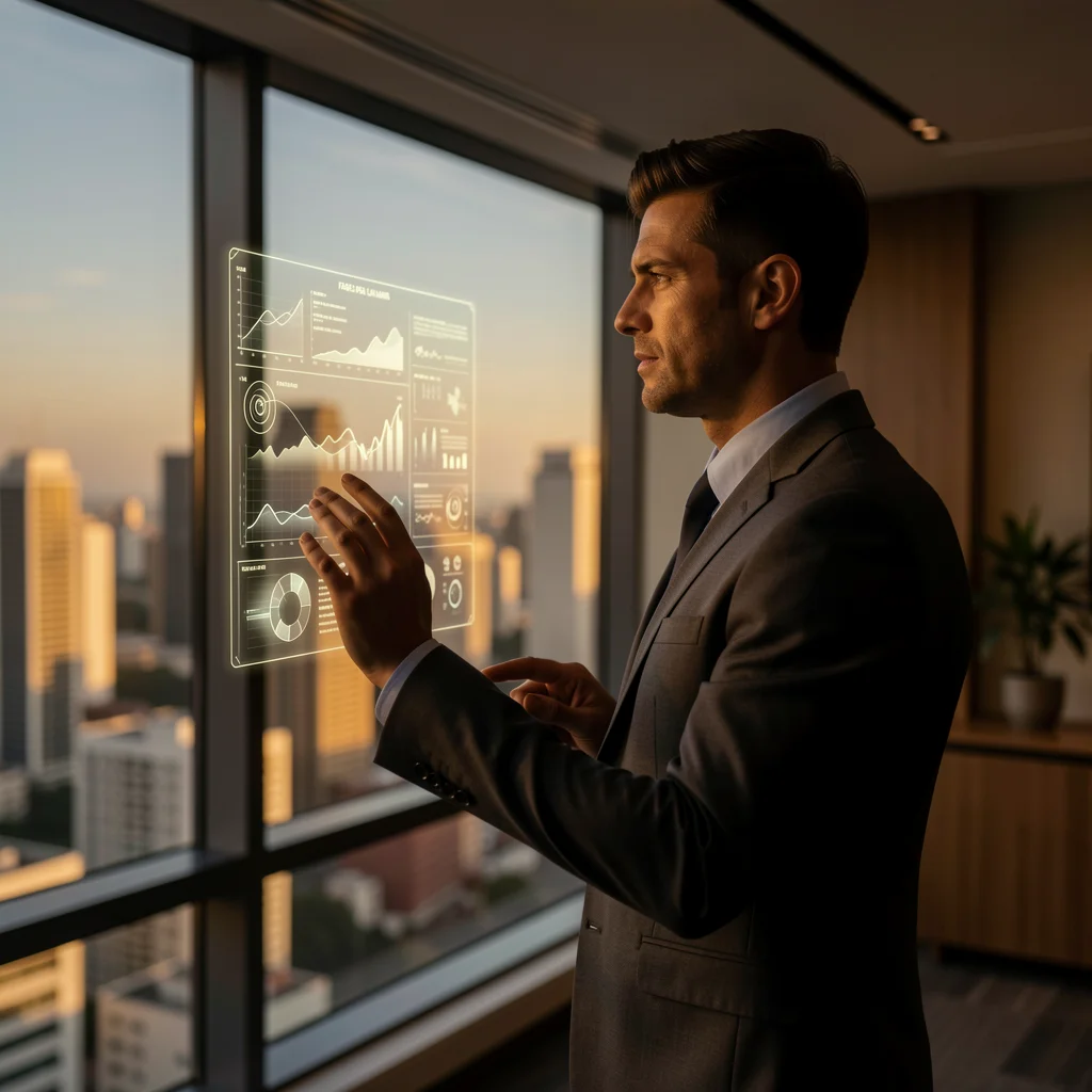 Executivo observando projeção de dados em escritório premium na Faria Lima.