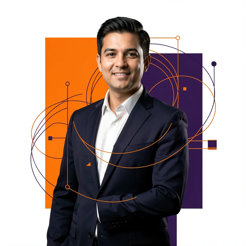 Profissional mentor em ambiente corporativo moderno com elementos gráficos geométricos em laranja e roxo.