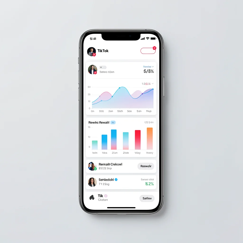Smartphone com tela do TikTok mostrando painel de recompensas para criadores, com gráficos abstratos e design minimalista.