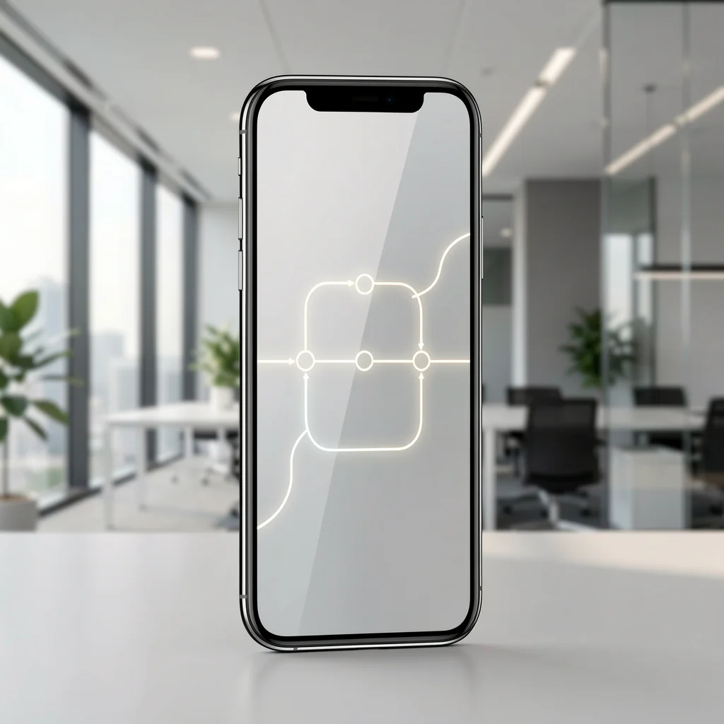 Representação visual minimalista de uma jornada de usuário em um smartphone moderno.