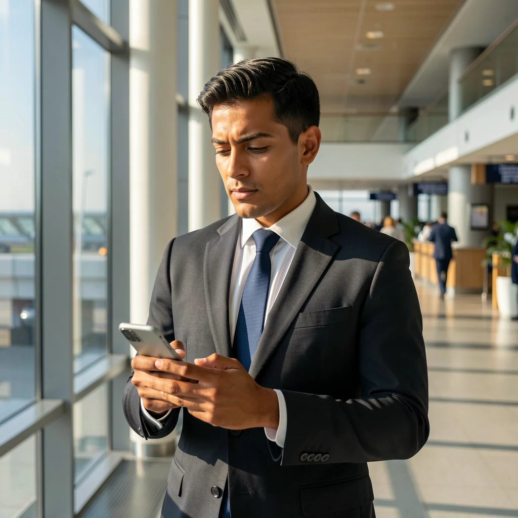 Profissional de negócios em um aeroporto moderno, olhando para o celular com expressão confiante.
