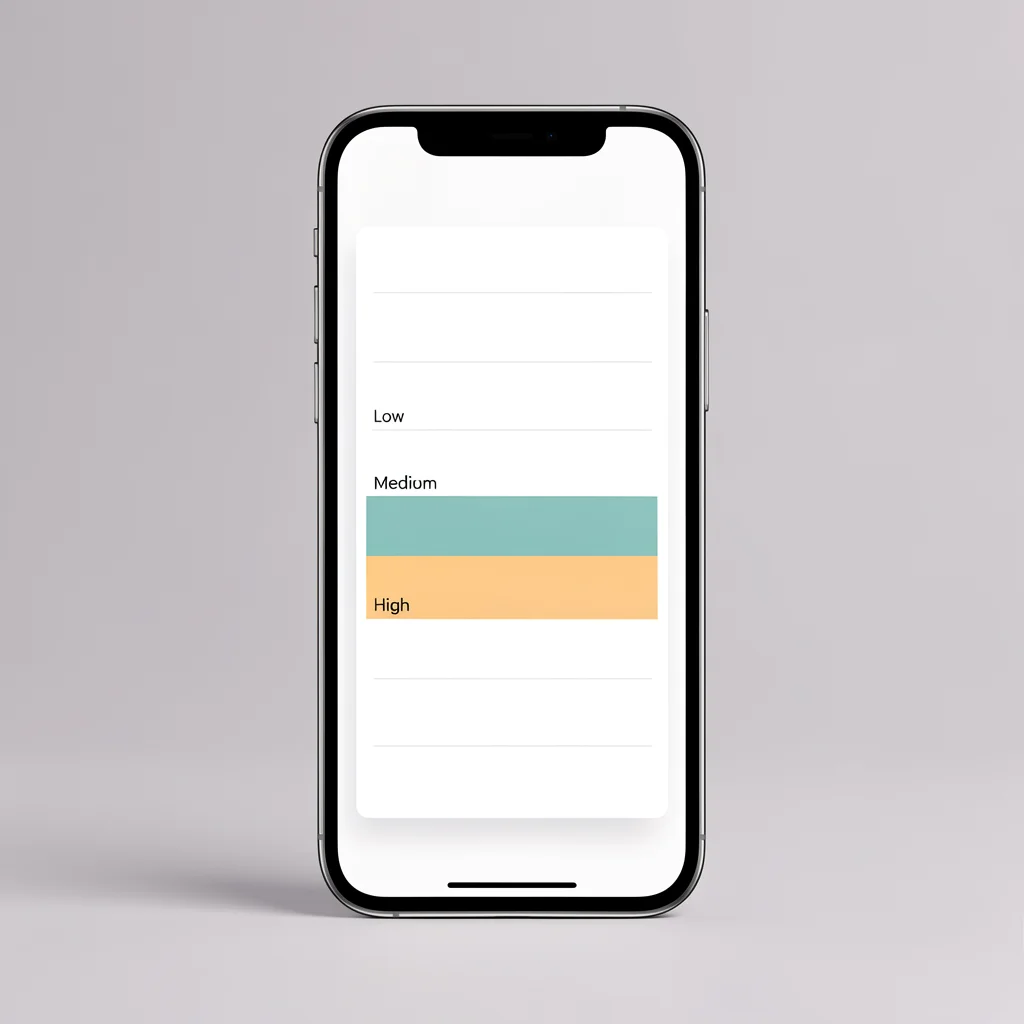 Mockup de smartphone exibindo um calendário de conteúdo abstrato com três níveis de frequência destacados por blocos coloridos