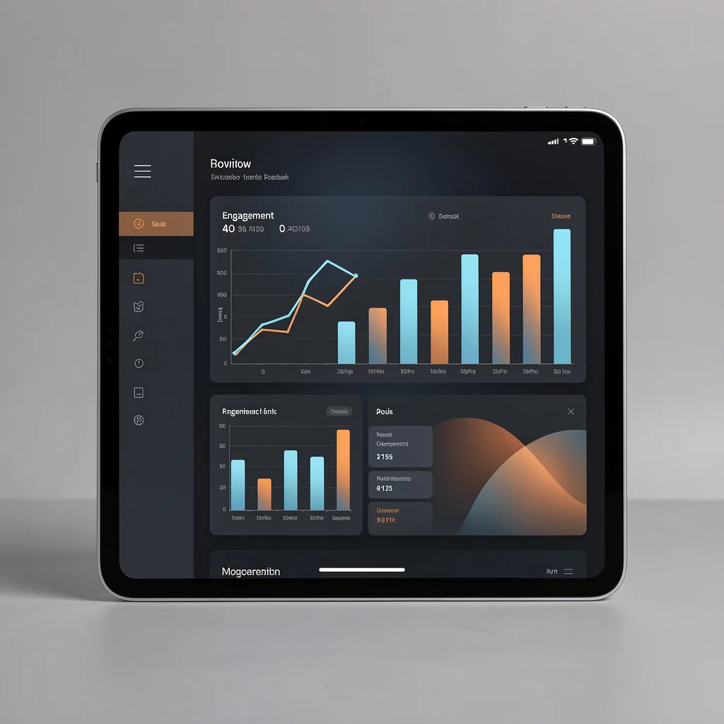 Dashboard de análise de engajamento em tablet com gráficos abstratos coloridos