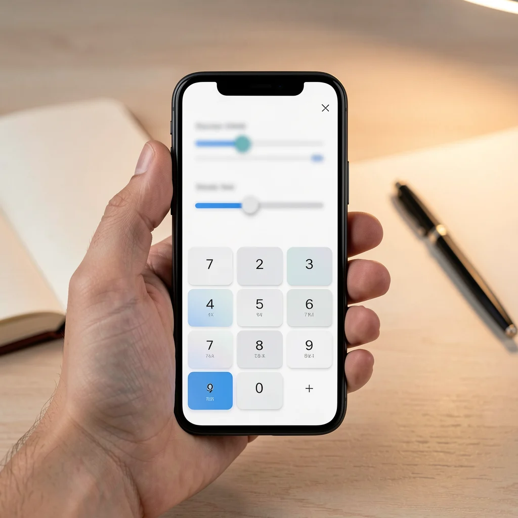 Smartphone com aplicativo de calculadora de preços sobre uma mesa com caderno