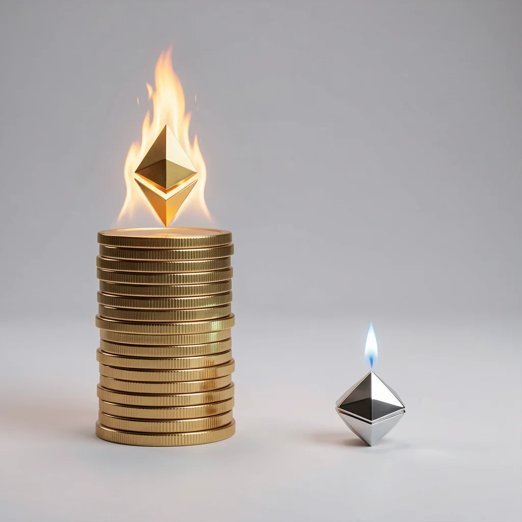Comparação visual entre taxa de gas alta da Ethereum e taxa baixa da Polygon, com moedas e chamas.
