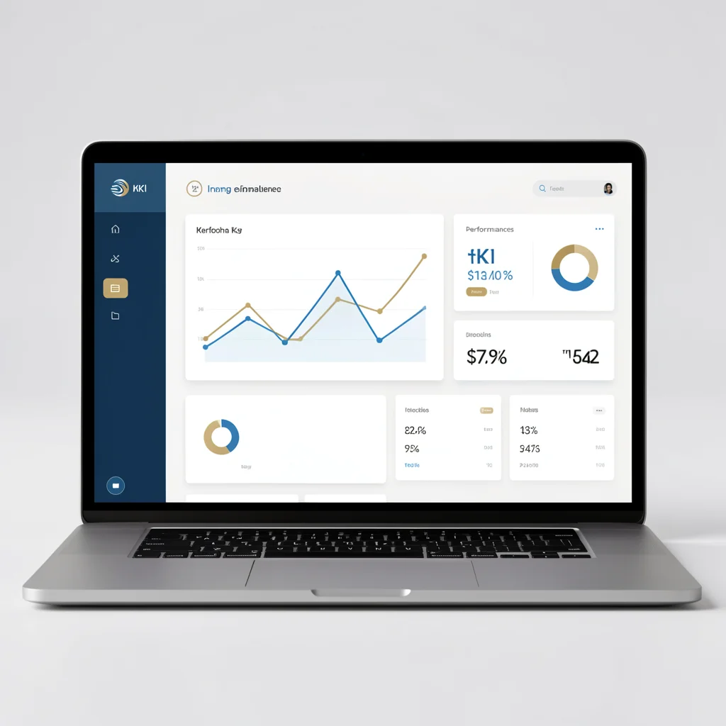 Dashboard minimalista em laptop premium exibindo gráficos abstratos e indicadores de desempenho