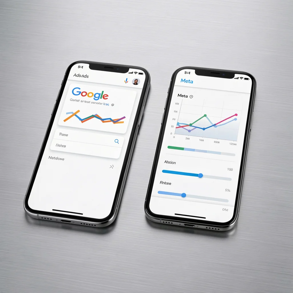 Dois smartphones em mesa de alumínio escovado exibindo interfaces abstratas do Google Ads e Meta Ads