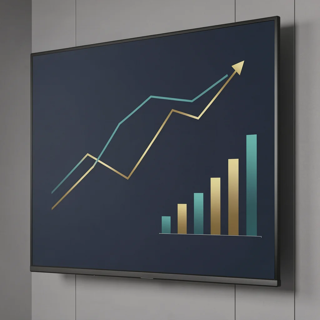 Gráfico abstrato de linha e barras em tela grande com tendência de alta