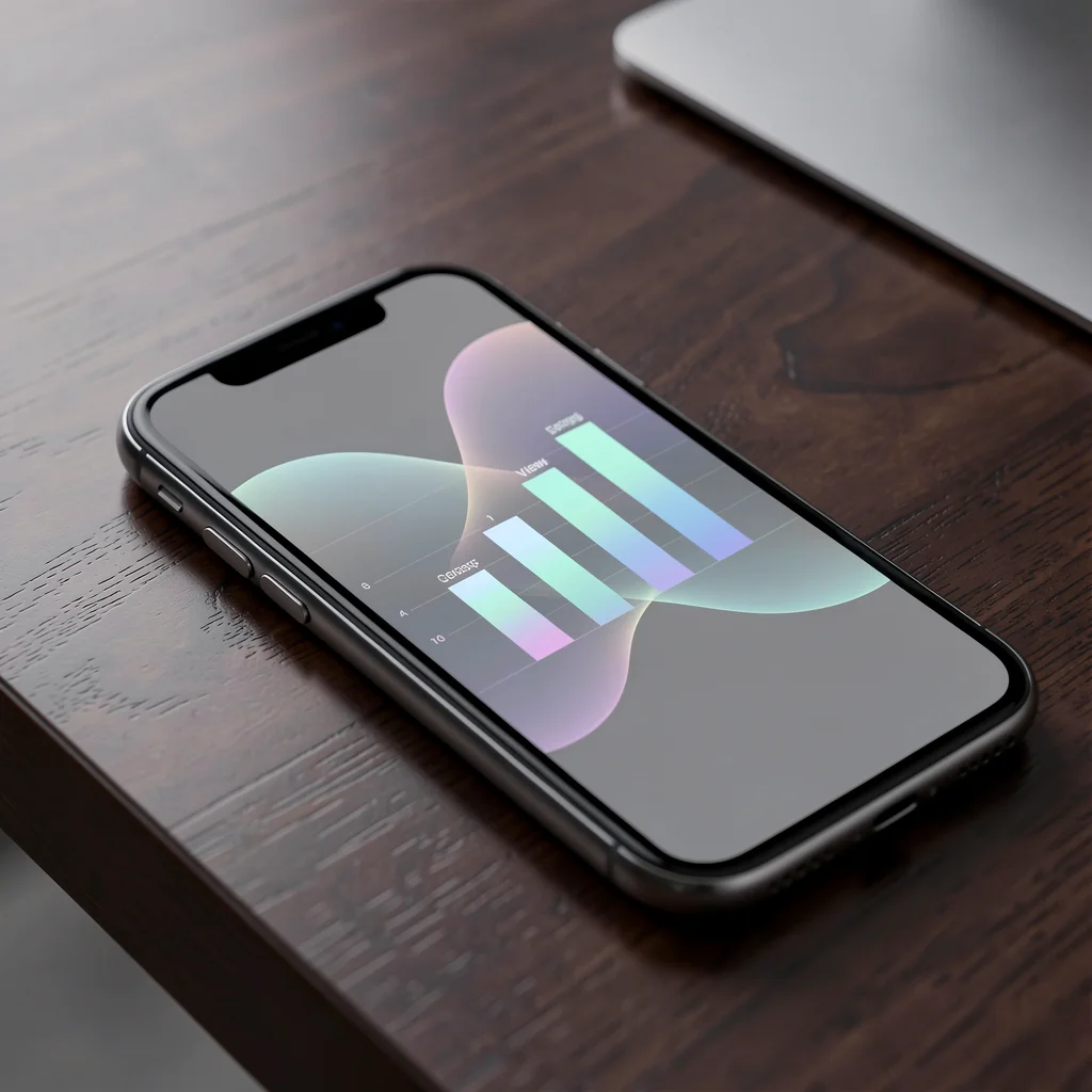 Smartphone moderno sobre mesa de madeira escura exibindo gráfico abstrato de visualizações e ganhos no TikTok